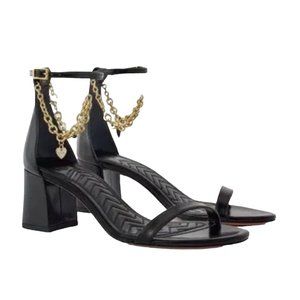 Maje Black Heel Sandals w/ Chunky Heel Gold Chain Ankle Strap Size 11 Women's